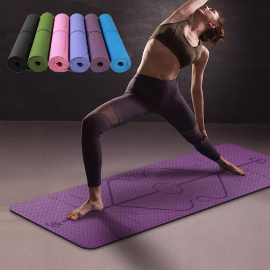 TPE yoga mat with alignment lines and non slip grip