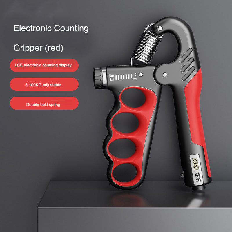 Adjustable hand grip strengthener in red with rep counter