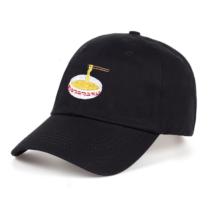 Duckbill baseball cap featuring a unique embroidered ramen bowl design with chopsticks on a black hat.