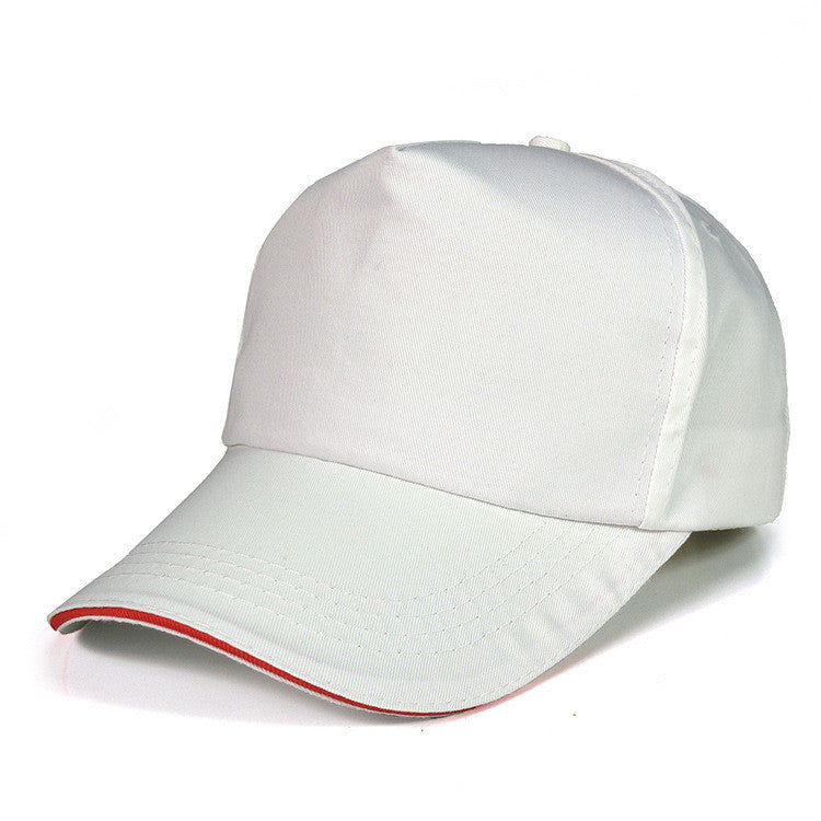 Custom embroidered baseball caps in white cotton design with red accents, perfect for branding and promotional events.