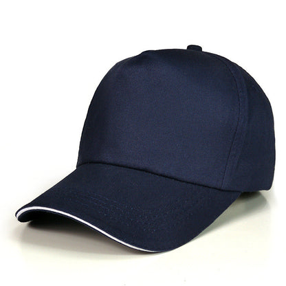 Custom embroidered baseball caps in navy blue cotton, perfect for branding and complements any promotional event.
