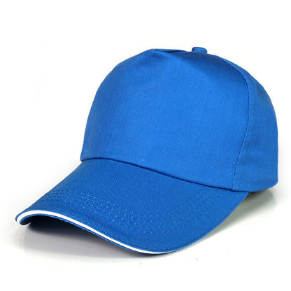Custom embroidered baseball caps in white cotton design with blue accents, perfect for branding and promotional events.