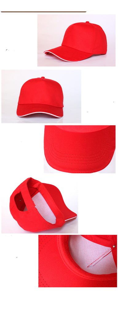 Custom embroidered baseball caps in white cotton design with red accents, perfect for branding and promotional events.