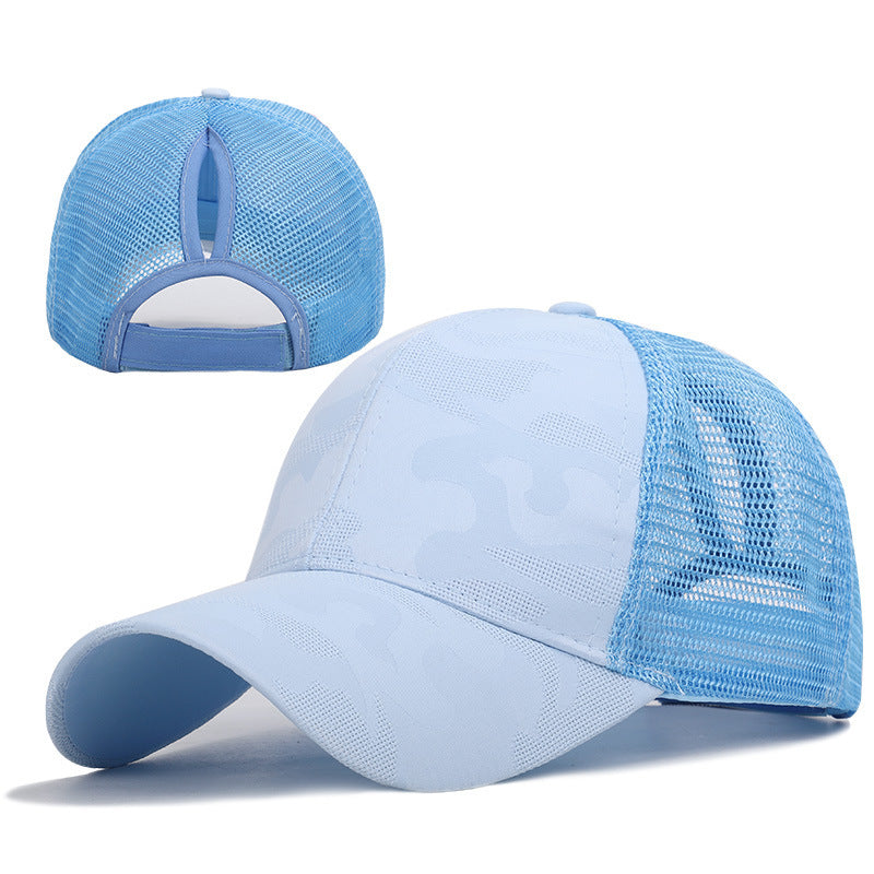 High ponytail baseball cap in blue mesh, perfect for running and fitness activities.