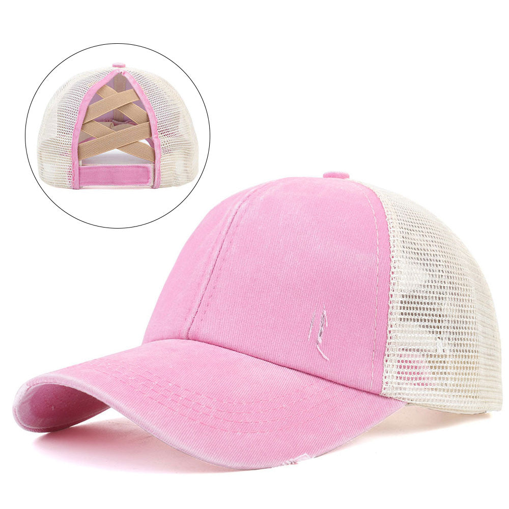 High ponytail baseball cap in pink mesh, perfect for running and fitness activities.