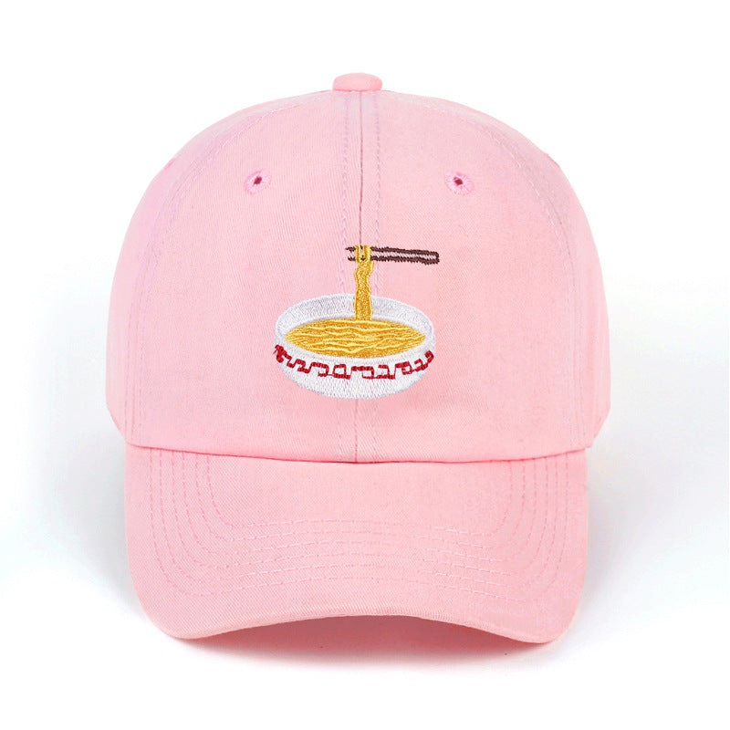 Duckbill baseball cap featuring a unique noodle bowl embroidery design and casual style for everyday wear.