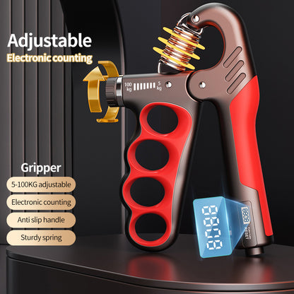Adjustable hand grip strengthener with repetition counter