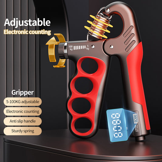 Adjustable hand grip strengthener with repetition counter