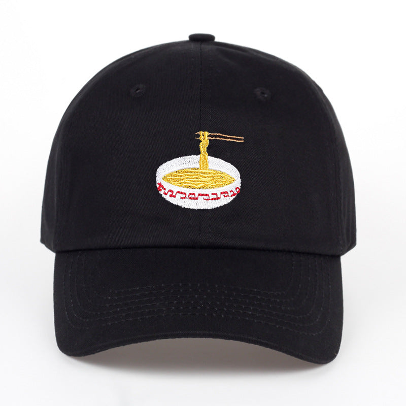Duckbill baseball cap featuring a unique embroidered ramen bowl design with chopsticks on a black hat.