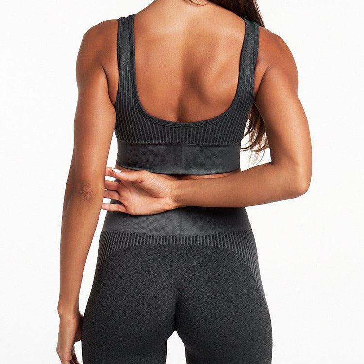 Seamless workout set for women shown from the back, featuring a black sports bra and shorts, ideal for gym and yoga.