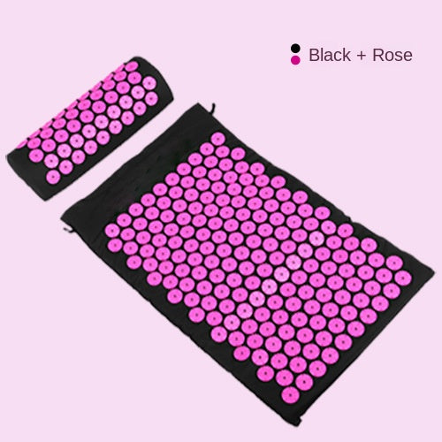 Acupressure mat and pillow set in black and rose color, featuring multiple pressure points for relaxation and recovery.