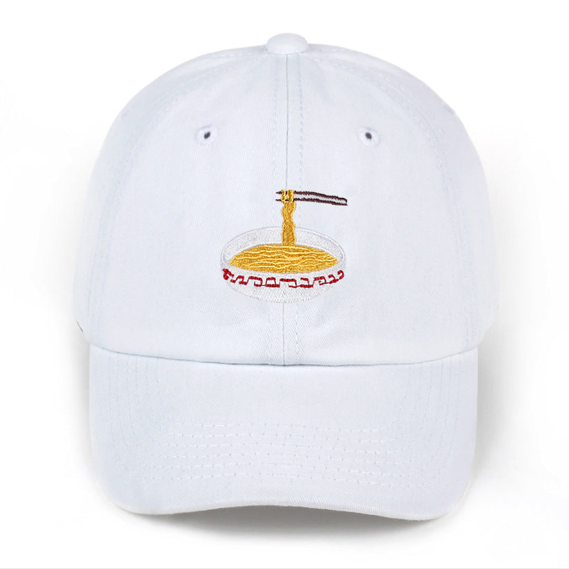 Duckbill baseball cap featuring a unique noodle bowl embroidery design and casual style for everyday wear.