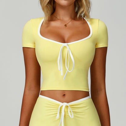 Color Block Yoga Suit Women V-Neck Fitted Yoga Top Outdoor Running Fitness Sports Top