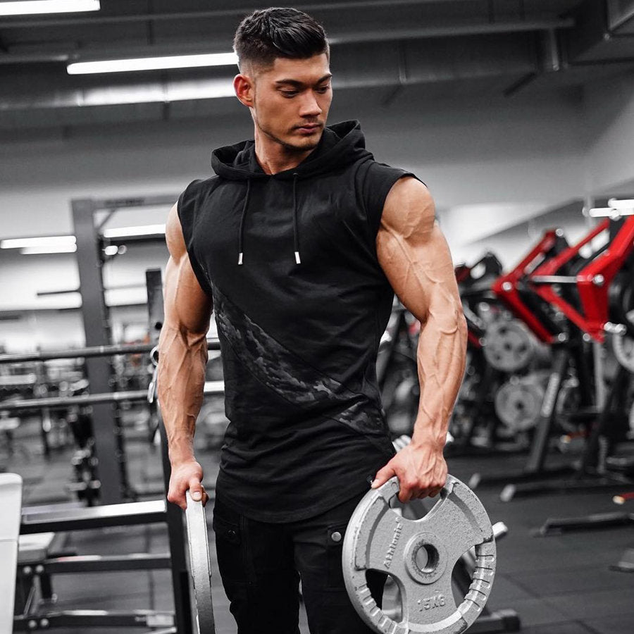 Men's hooded tank top for bodybuilding training