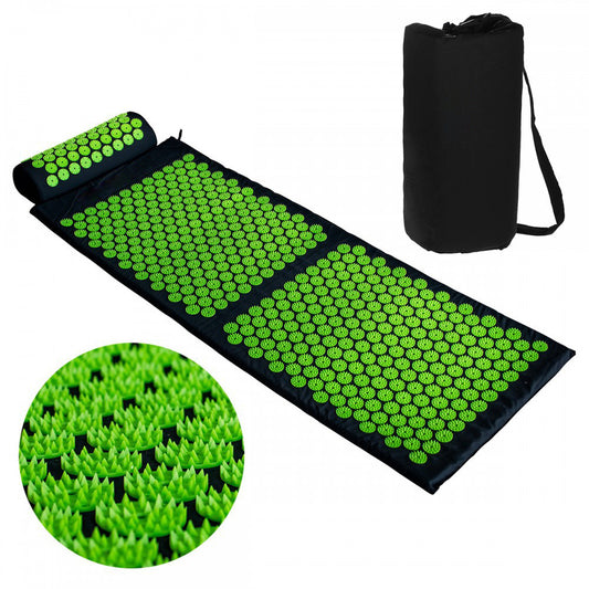 Acupressure mat and pillow set featuring green pressure points for relaxation and wellness.