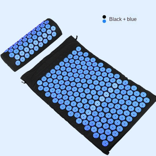 Acupressure mat and pillow set in black and blue, featuring textured pressure points for relaxation and recovery.