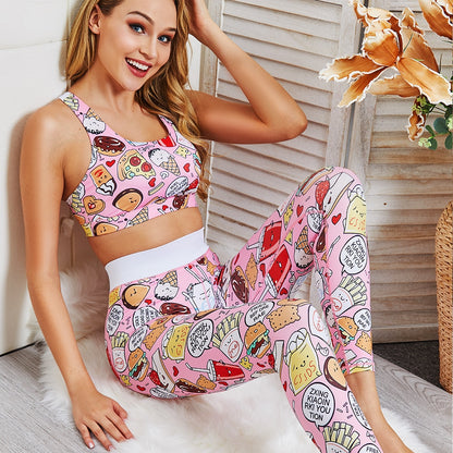 Cartoon Food Printed Pink Two Piece Set Fitness Women Crop Top and Pants Set Ladies 2 Piece Outfits Workout Outfits Matching Set