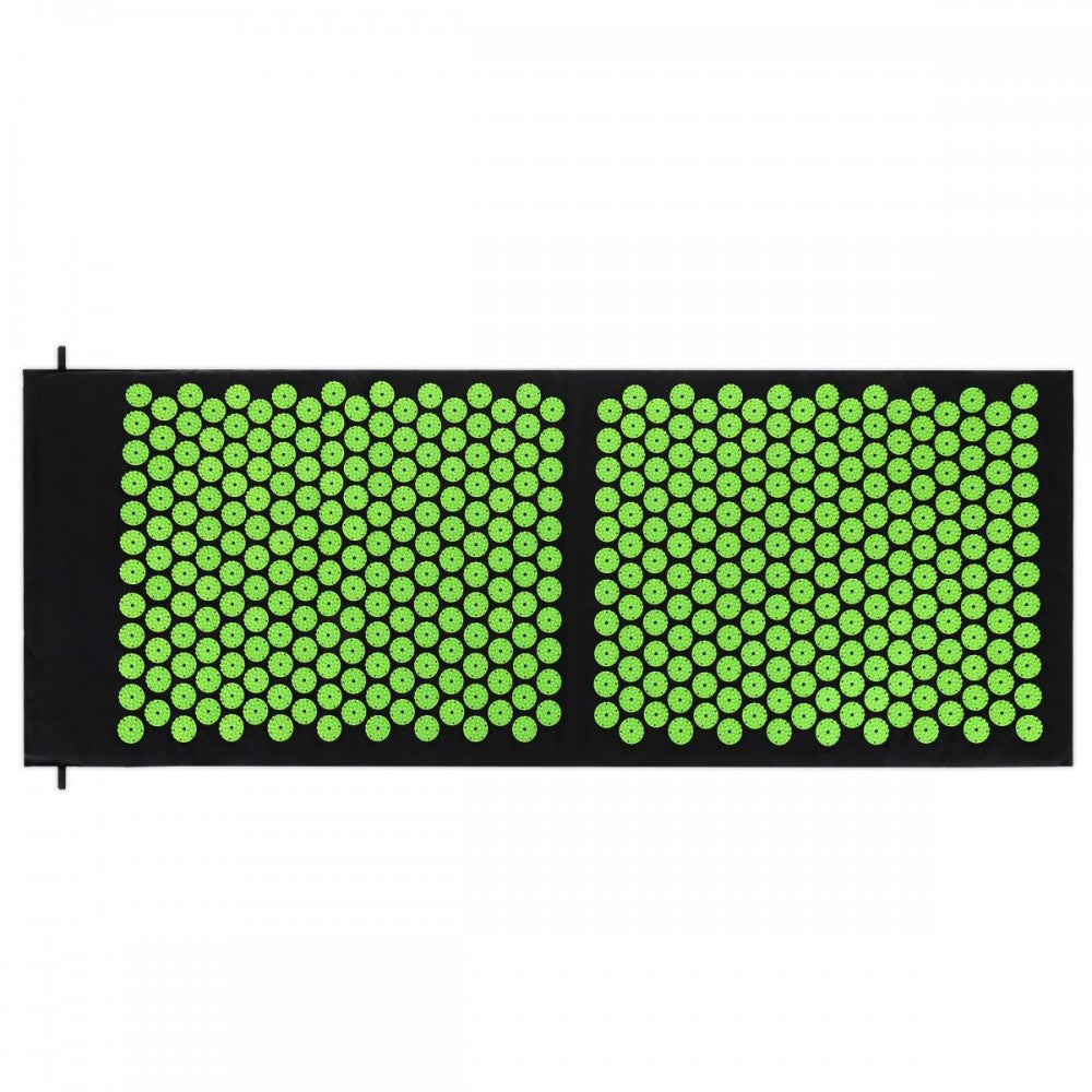 Acupressure mat and pillow set featuring green pressure points for relaxation and wellness.