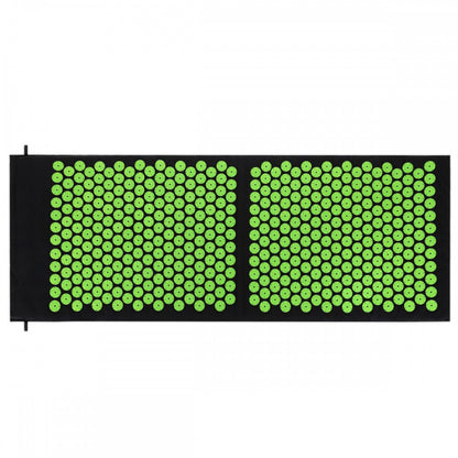 Acupressure mat and pillow set featuring green pressure points for relaxation and wellness.