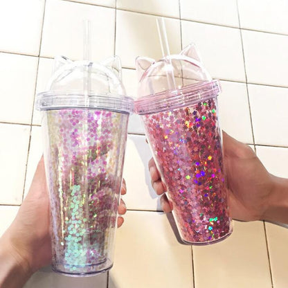 Kids water bottle with straw in pink plastic design