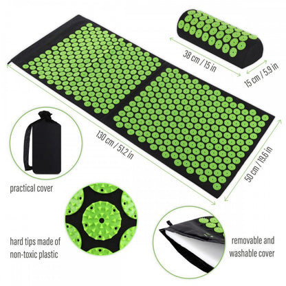 Acupressure mat and pillow set featuring green pressure points for relaxation and wellness.