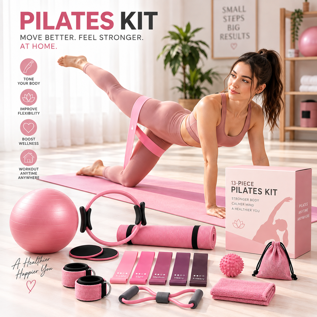 Pilates kit with ring ball and resistance bands