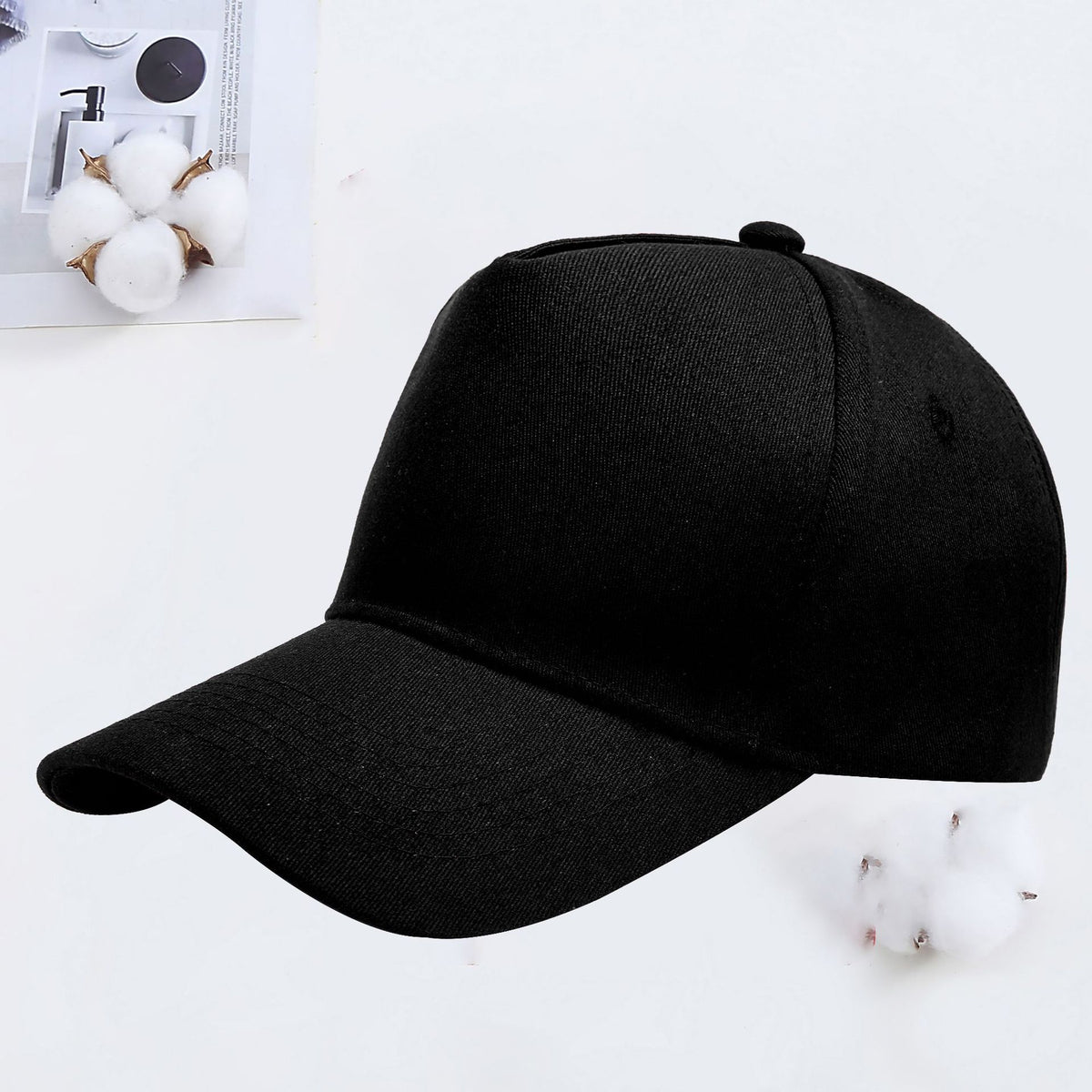 Custom embroidered baseball caps in navy blue cotton, perfect for branding and complements any promotional event.